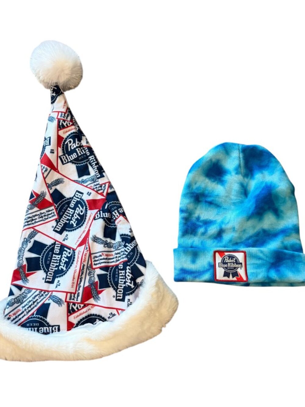 Pabst Blue Ribbon Beer Hat Bundle- Tie Dye Beanie + Christmas Santa Hat